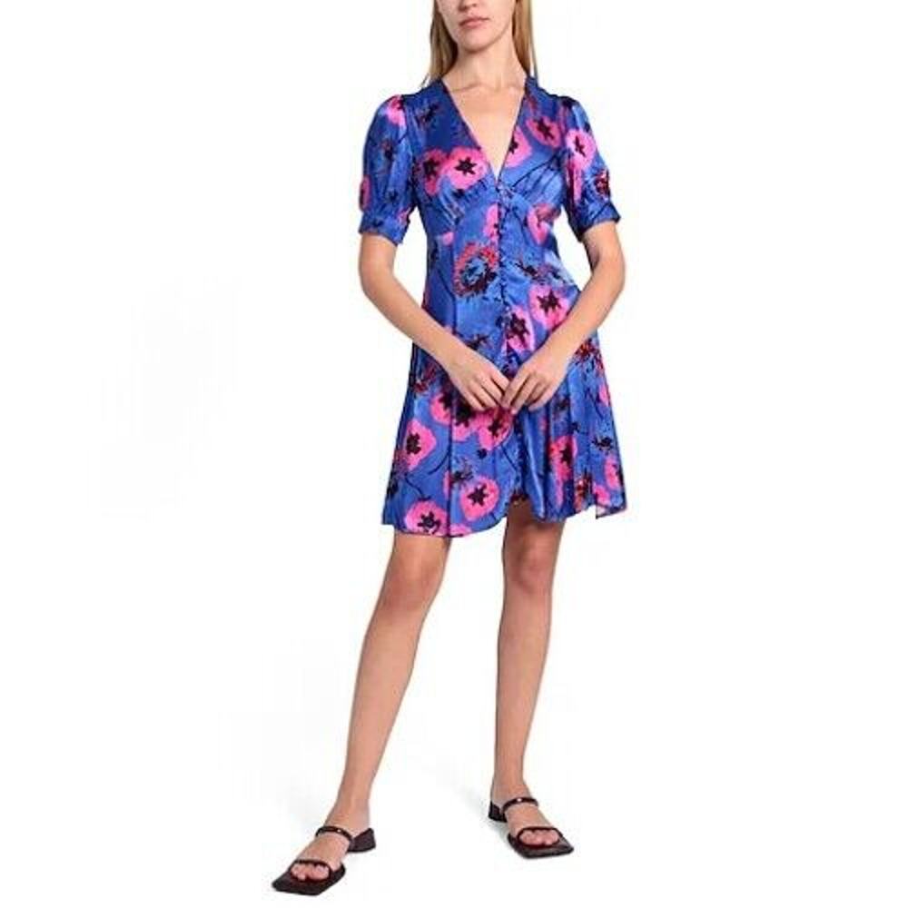 Topshop Mini Tea Dress Womens 4 Blue Floral Short Sleeve V-Neck Button Down B96